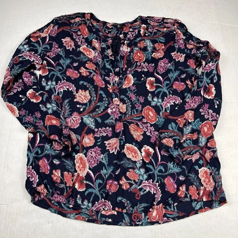 Lucky Brand Fringe Peasant Top Floral Long Sleeve Boho Casual Shirt MEDIUM FLAW